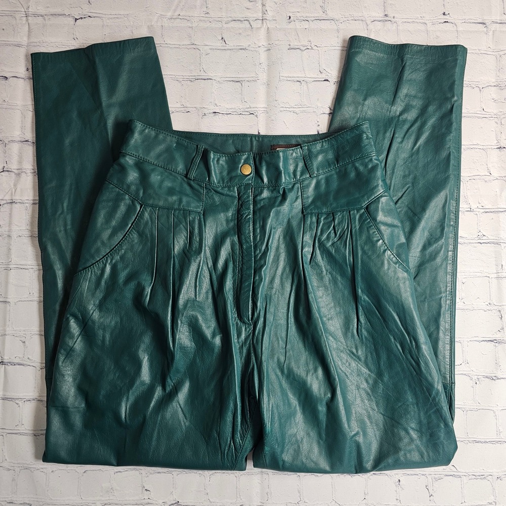Vintage Toffs‎ Teal Green Leather Pants High Waisted Pleated Tapered Size 12